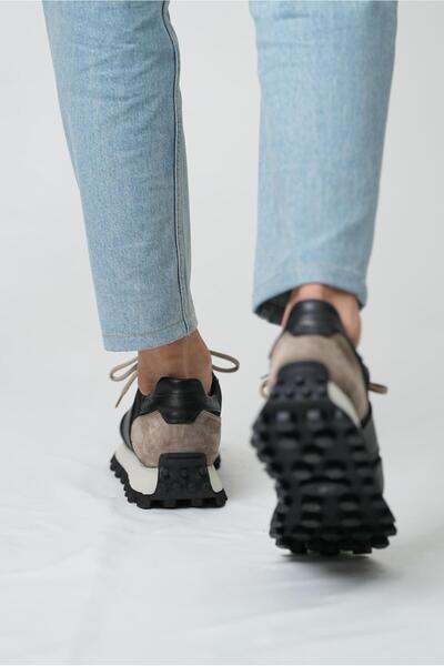 TETRİ Sarasota Model Gerçek Deri El Yapımı Erkek Siyah Bej Sneaker Ayakkabı