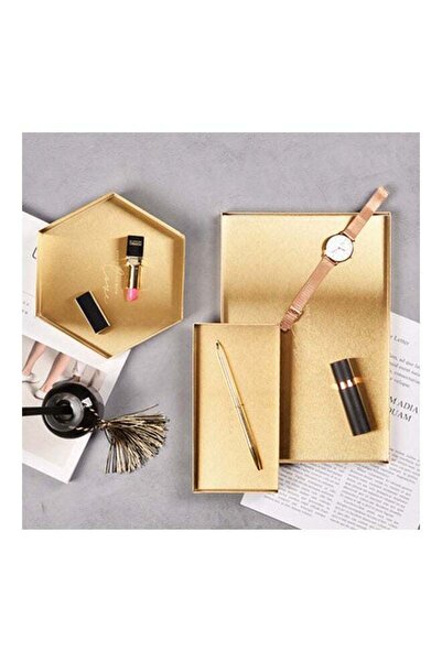 COOYA Hexagonal golden decorative tray and storage box with a polished surface