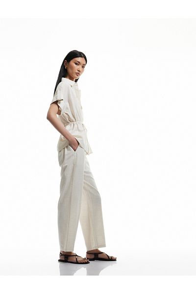 Koton Textured High Waist Viscose - Linen Blend Trousers with Pockets