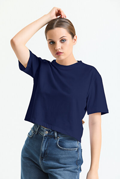 pulur.co تي شيرت أزرق داكن بأكمام قصيرة وياقة دائرية مصنوع من القطن بنسبة 100%