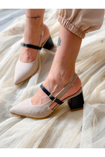 BERFONA صندل سيندي بيج تويت كوماس بكعب 5 سم مع تفاصيل من الجلد الأسود