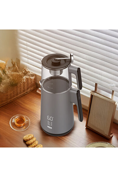 Arshia Tea Maker – 1.7L Kettle + 0.8L Glass Pot, 1500W, LED Display, Temperature Control, Gray