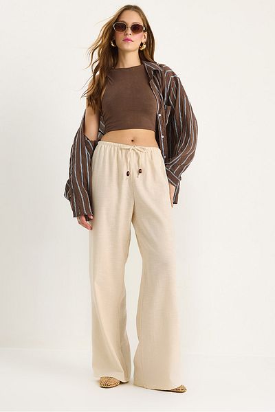 Bianco Lucci Women's Waist Tie Thin Linen Summer Loose Trousers 3236 60281079