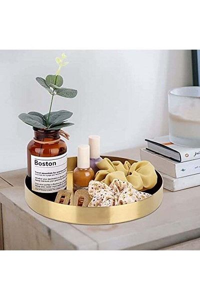 COOYA Round Metal Tray, Home Decoration Tray for Placing Jewelry Cosmetics/Car Keys/Desserts, Gold-colored