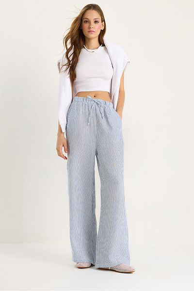 Bianco Lucci Women's Elastic Waist Pocket Detailed Striped Muslin Palazzo Trousers 60281077