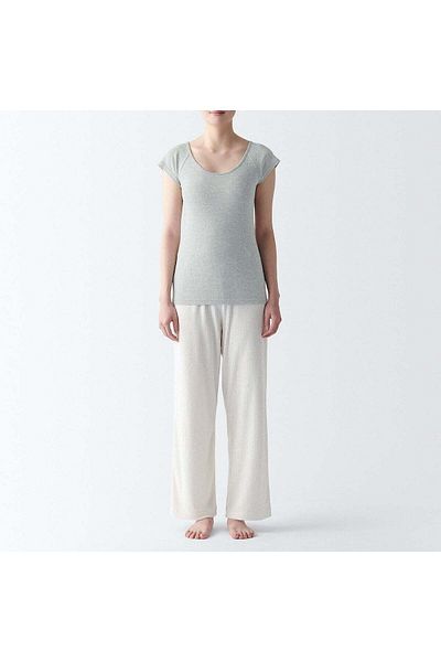 Muji تي شيرت قطني بأكمام فرنسية مضلعة