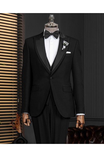 TerziAdemAltun Italian Style Slim Fit Shawl Collar Jacket Vest Pants Groom Suit Set Black T14334