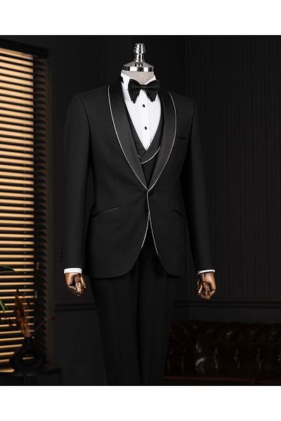 TerziAdemAltun Italian Style Shawl Collar Jacket Vest Pants Groom Suit Set Black T14266