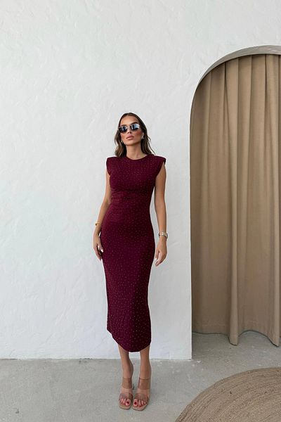 MOZENA Padded Stone Detailed Long Pencil Dress with Slit on the Back