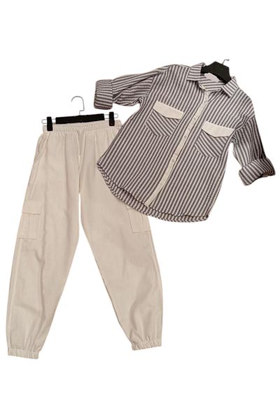 İrem Çocuk Giyim Girl's Oversize Cap Pocket Model Gray Striped Layered Sleeve Shirt Pants Set