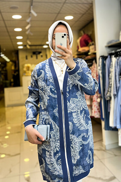 Vosse On Fashıon İndigo Desenli Fermuarlı Ribanalı Hırka