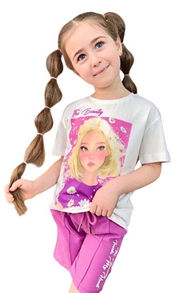 Riccotarz Girl's Daisy and the Beauty Text Printed Combed Cotton T-Shirt Purple Shorts Set