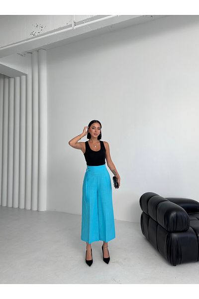 OUZ Fashion Women's Linen Buckle Detailed Ankle Length Wide Leg Trousers