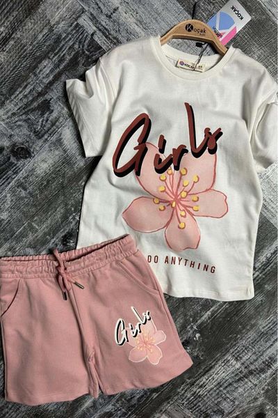 Riccotarz Set tricou din bumbac pieptănat imprimat cu flori și scris pentru fete cu pantaloni scurți pudră