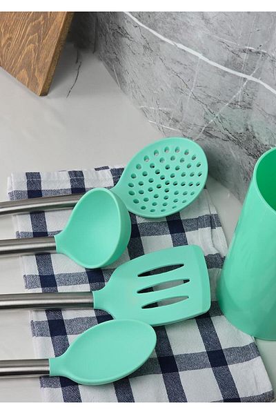 HomeTarz طقم تقديم سيليكون - طقم مصفاة مغرفة مع حامل - 5 قطع