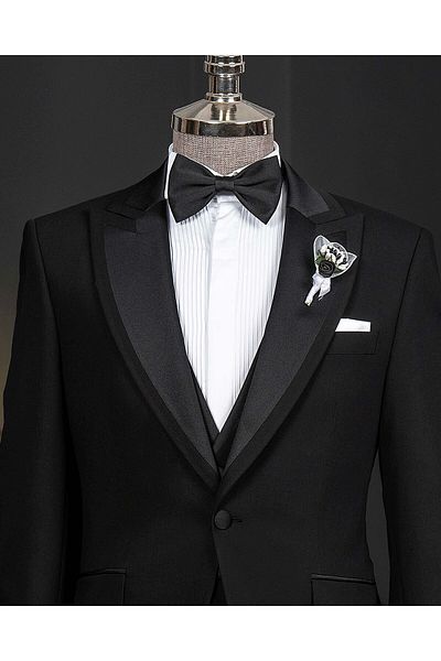 TerziAdemAltun Italian Style Slim Fit Shawl Collar Jacket Vest Pants Groom Suit Set Black T14334