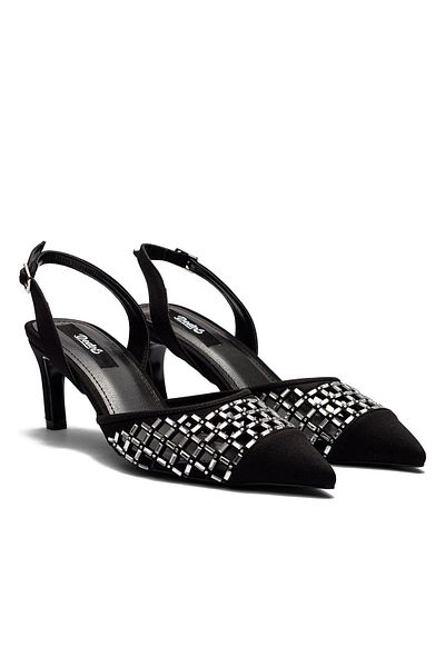 Dedos Women's Heeled Crystal Stone Satin Evening Dress Shoes Black 5205