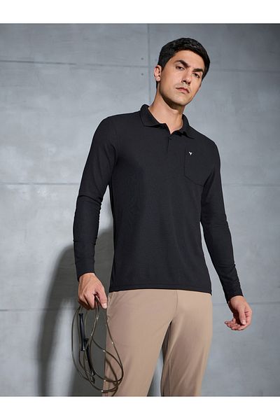 Technosport By Styli Solid Long Sleeve Polo T-Shirt with Pocket