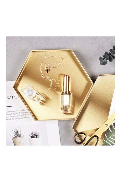 COOYA Hexagonal Metal Tray, Home Decoration Tray for Jewelry Cosmetics/Car Keys/Desserts,Gold-colored