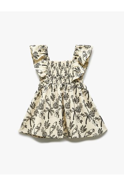 Koton Cotton Square Neck Sleeveless Gipe Detail Embroidered Ruffle Dress