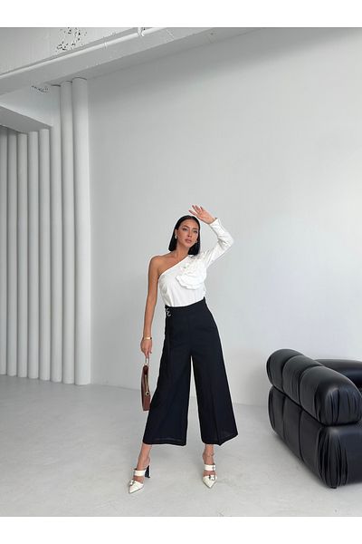 OUZ Fashion Women's Linen Buckle Detailed Ankle Length Wide Leg Trousers