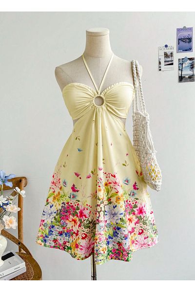 Ceylen Rochie mini cu decupaj cu detaliu cu bretele cu model de flori
