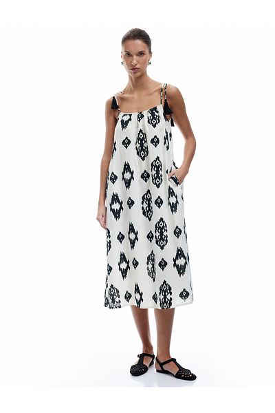 Koton Cotton Ethnic Pattern Long Slim Strap Dress