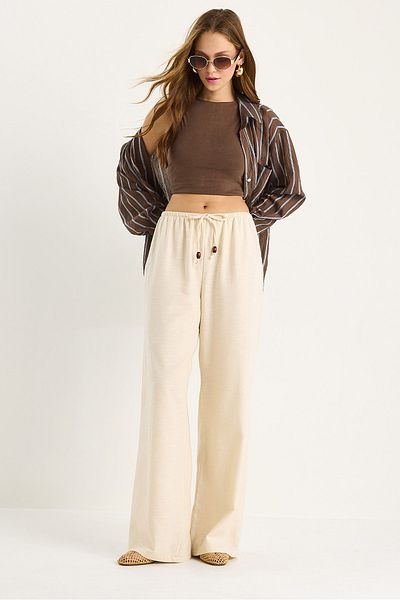 Bianco Lucci Women's Waist Tie Thin Linen Summer Loose Trousers 3236 60281079