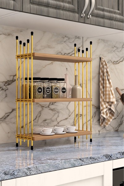 Modalanka Mutfak Rafı Tezgah Üstü Düzenleyici Banyo Rafı 3 Kat Organizer Gold Baharatlık Raf Çok Amaçlı Stand