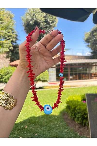 Markiz Takı Blue Evil Eye Coral Necklace