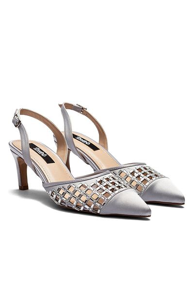 Dedos Women's Heeled Crystal Stone Satin Evening Dress Shoes Silver 5205