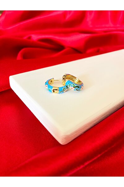 Butik Mavi Mineli Klipsli Halka Çelik Küpe