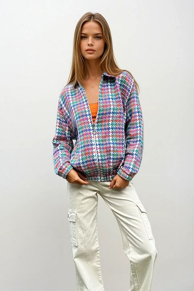 VAGGON Women's Blue Patterned Zippered Elastic Waist Seasonal Bomber Jacket Prmx10775