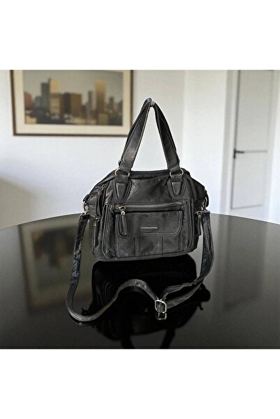 rinkadoll Yıkanmış Deri Siyah Crossbody Çanta | 35x20 cm Cepli ve Fonksiyonel