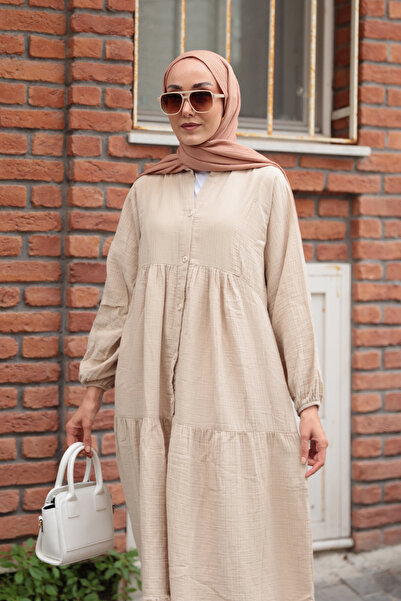 LOCCO Women's Self Patterned Dress Cream