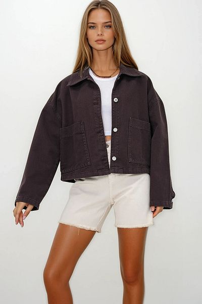 VAGGON Women's Bitter Brown Pocket Sheepman Stitched Crop Jean Jacket Prmx13562