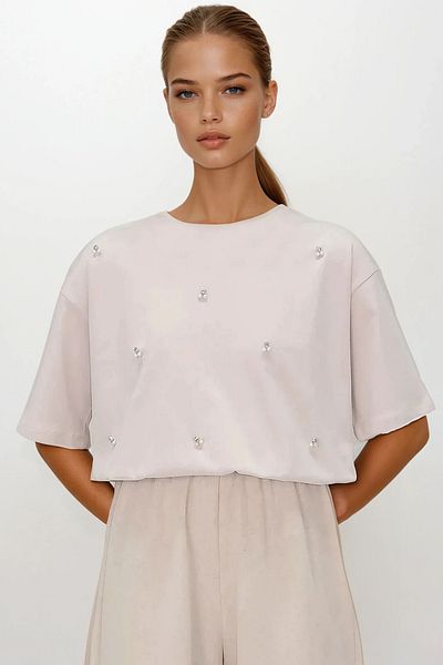 VAGGON Women's Stone Crew Neck Oversize Pearl and Stone Embroidered T-Shirt Prmx11964