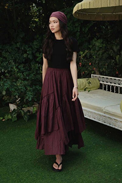 Hooopstore Boho Çapraz Katlı Vual Bordo Etek