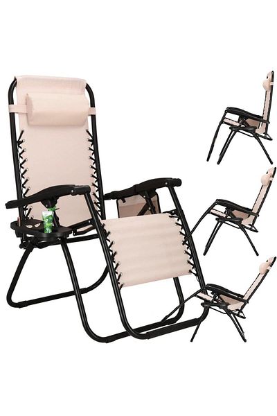 SERSIMO Sezlong Scaun Pliant Plaja Sau Gradina, Siesta, Gravitatie Zero, Cu Tetiera, Crem