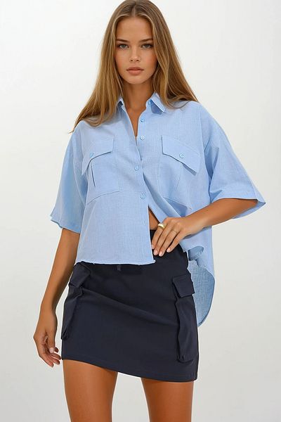 VAGGON Women's Blue Double Pocket Half Sleeve Linen Shirt Prmx9991