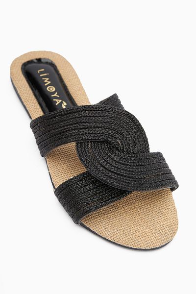 Limoya Nihaal Black Straw Cross Strap Flat Sole Women's Slippers