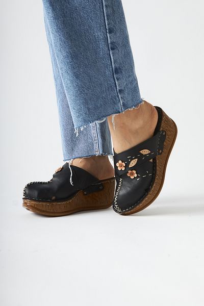Limoya Genuine Leather Alto Black Wedge Slippers Antique Sole Comfort Slippers
