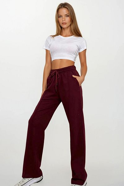 VAGGON Women's Burgundy High Waist Front Weeded Wide Leg Double Pocket Sweatpants Prmx7957