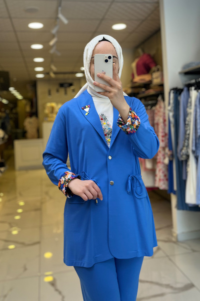 Vosse Tığ Triko Mavi Broş Detaylı Takım