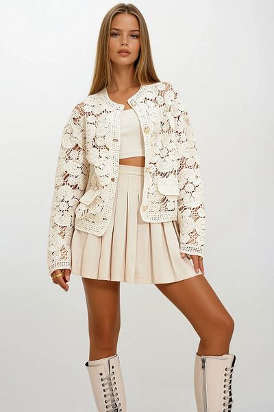 VAGGON Women's Beige Judge Collar Lace Jacket Prmx12645
