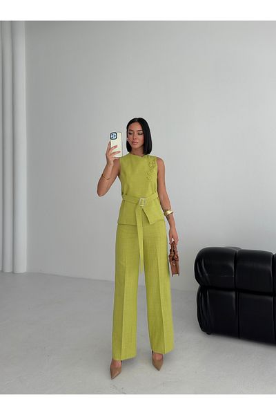 OUZ Fashion Women's Linen Asymmetrical Vest Pants Double Suit
