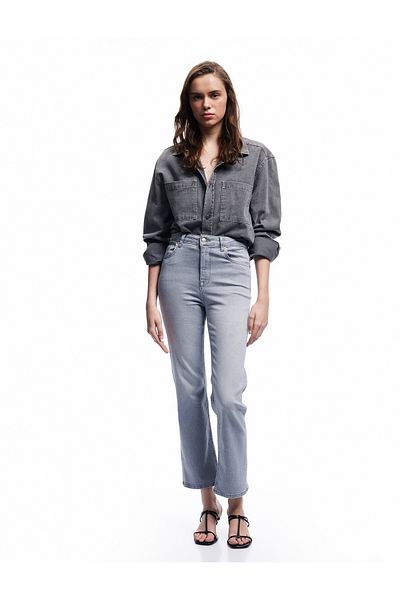 Koton High Waist Slim Fit Button Pockets Spanish Leg Crop Jean Pants - Flare Jeans