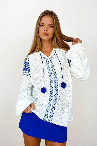 VAGGON Women's Blue Ethnic Patterned Pompom Knitwear Sweater Prmx11001