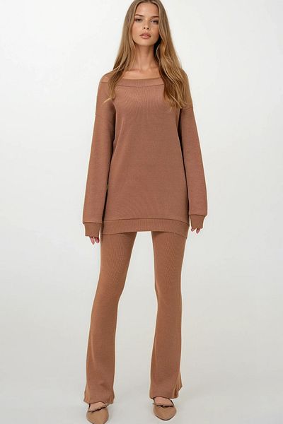 VAGGON Women's Camel Boat Neck Camisole Oversize Blouse and Flared Leg Pants Set Prmx13059