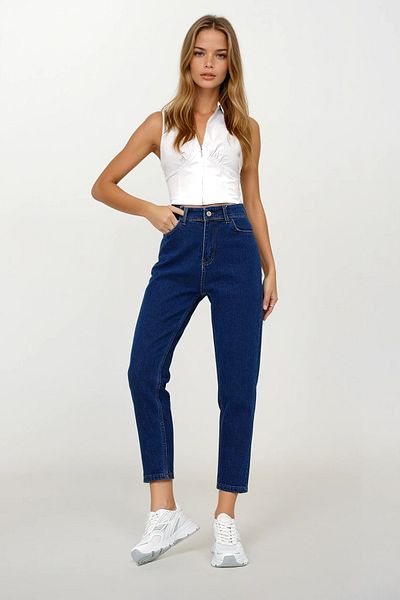 VAGGON Women's Navy Blue Regular Waist Narrow Leg Washed Mom Jean Prmx13406